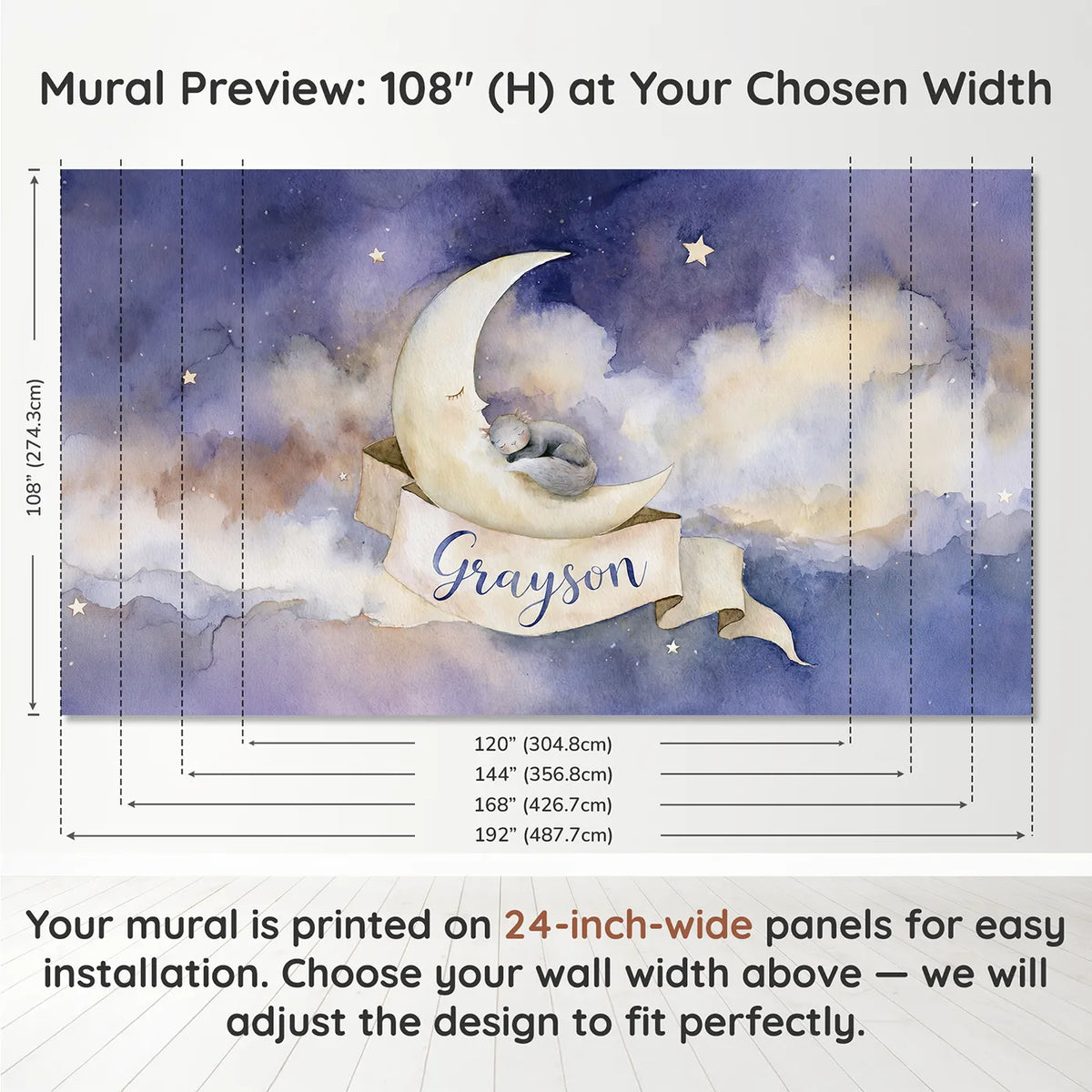Panel layout and dimensions for Crescent Moon Dream Personalized Wall Mural by Whimsy Tots