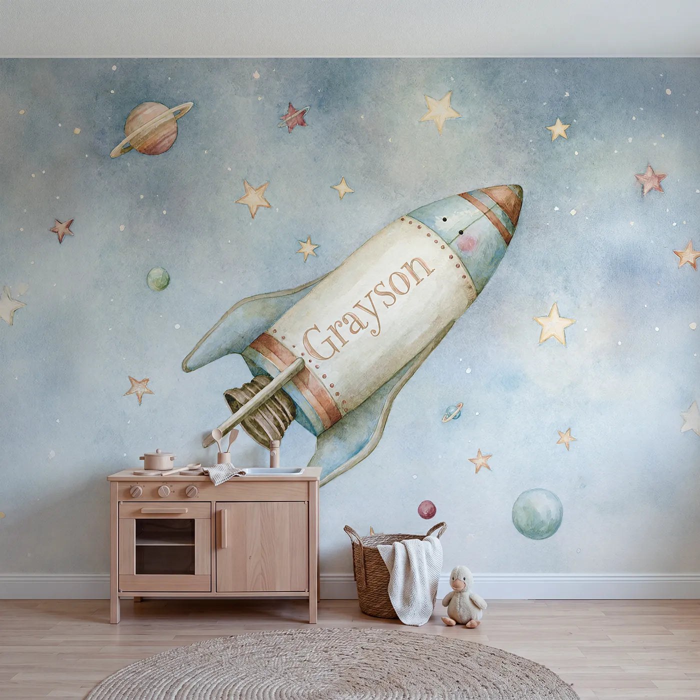 Colored pencil rocket personalized wall mural with hull name for toddler room by Whimsy Tots