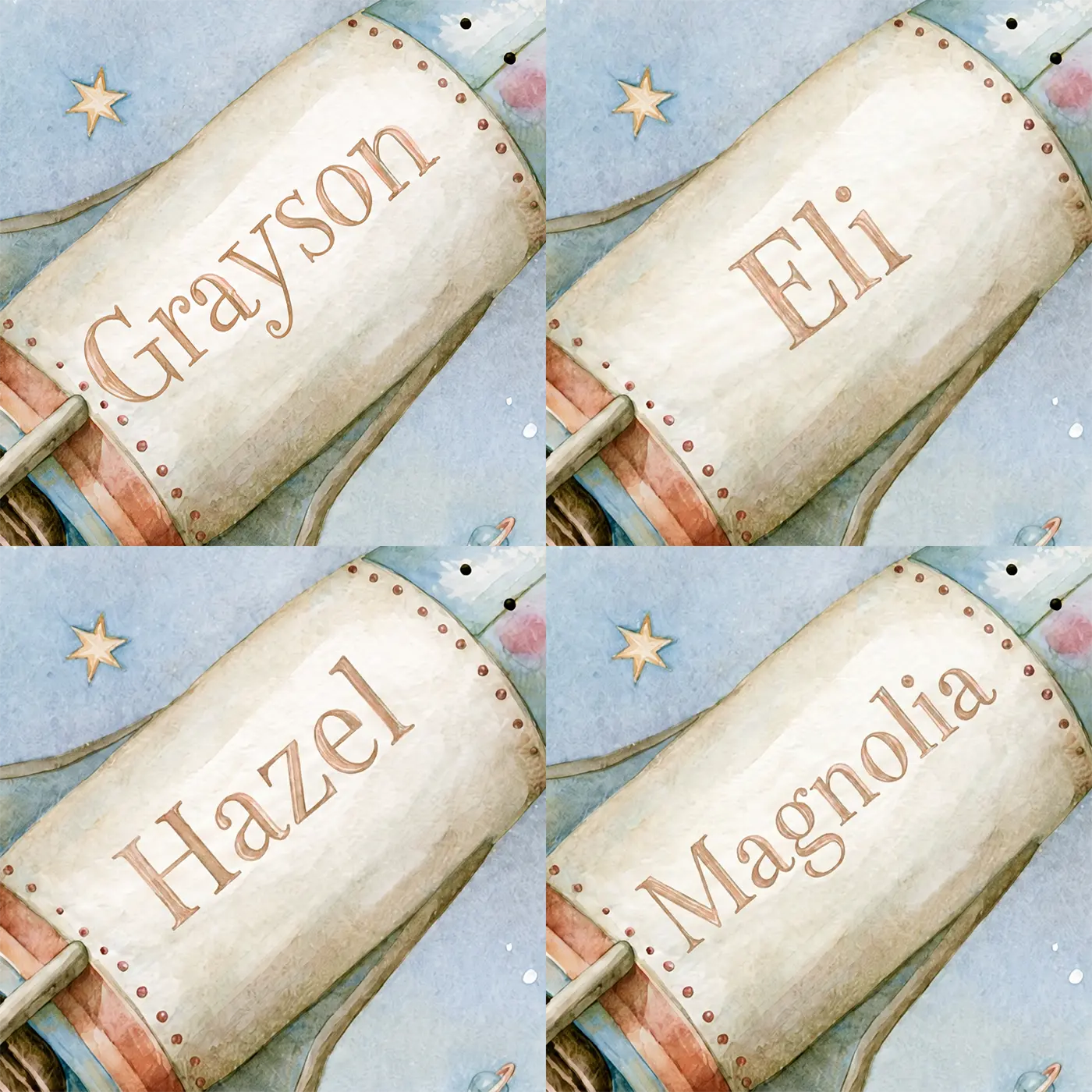 Four name preview examples of Rocket Among Stars Personalized Wall Mural by Whimsy Tots