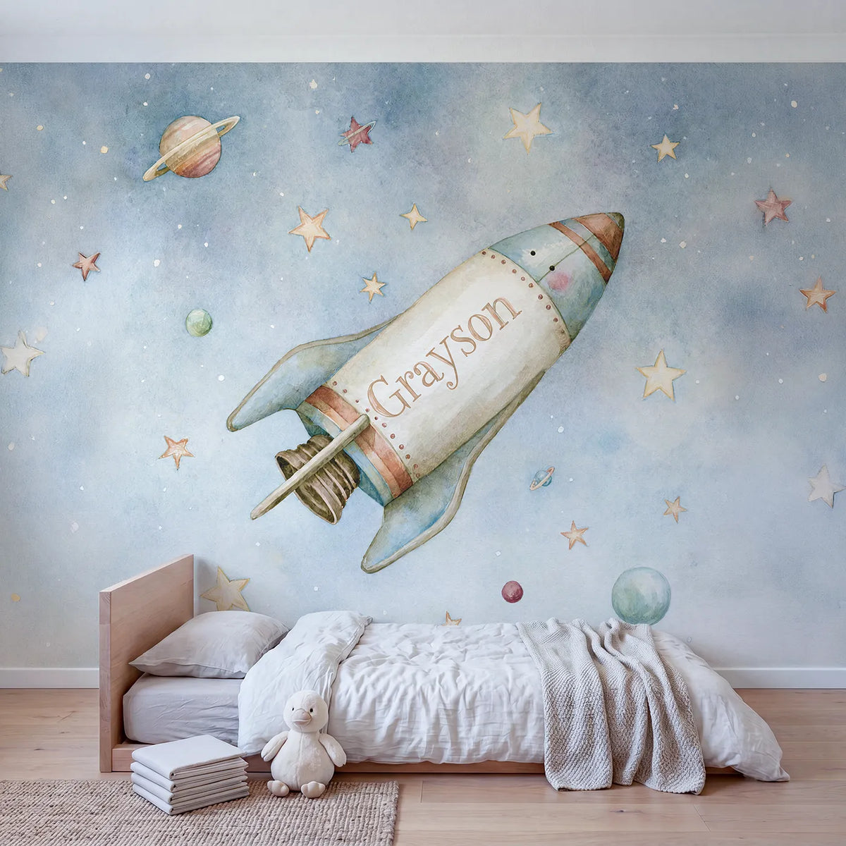 Rocket Among Stars Personalized Wall Mural in playroom setting by Whimsy Tots