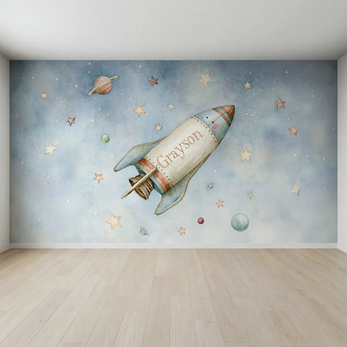 Full view of Rocket Among Stars Personalized Wall Mural by Whimsy Tots