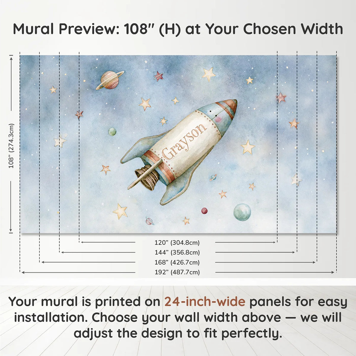 Panel layout and dimensions for Rocket Among Stars Personalized Wall Mural by Whimsy Tots