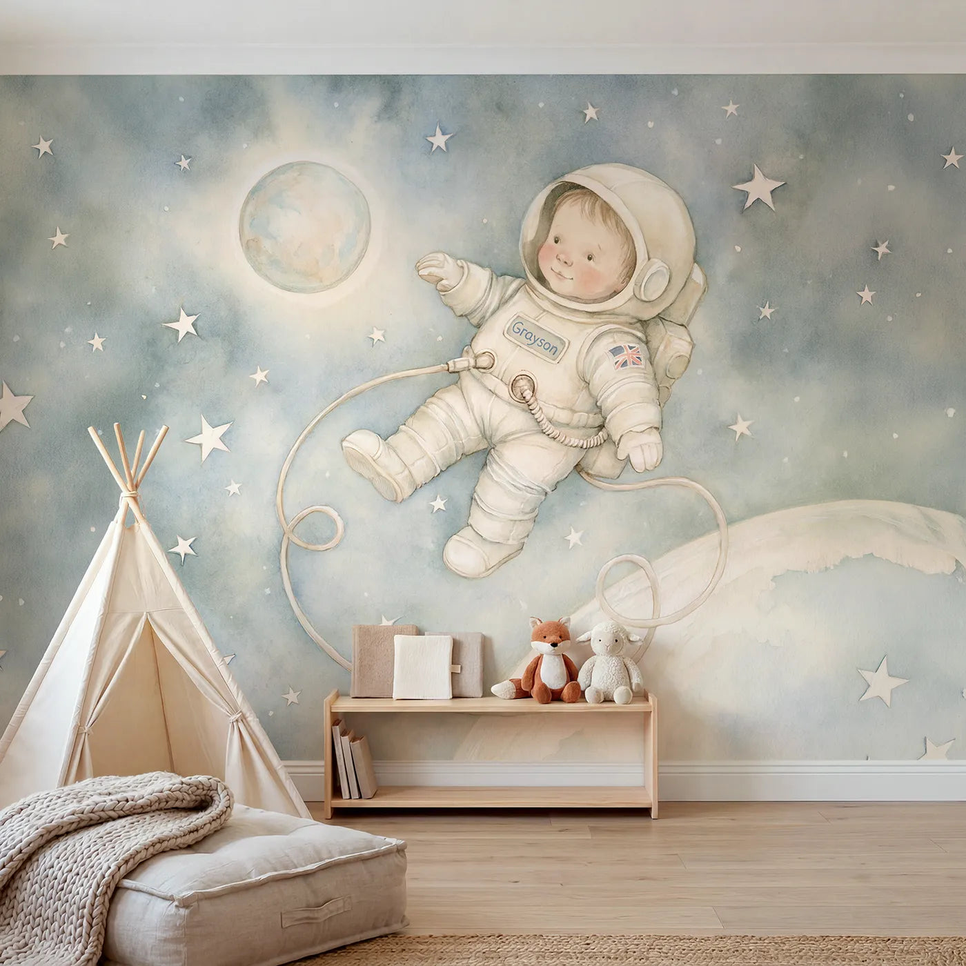 Colored pencil astronaut personalized wall mural with suit patch name for playroom by Whimsy Tots