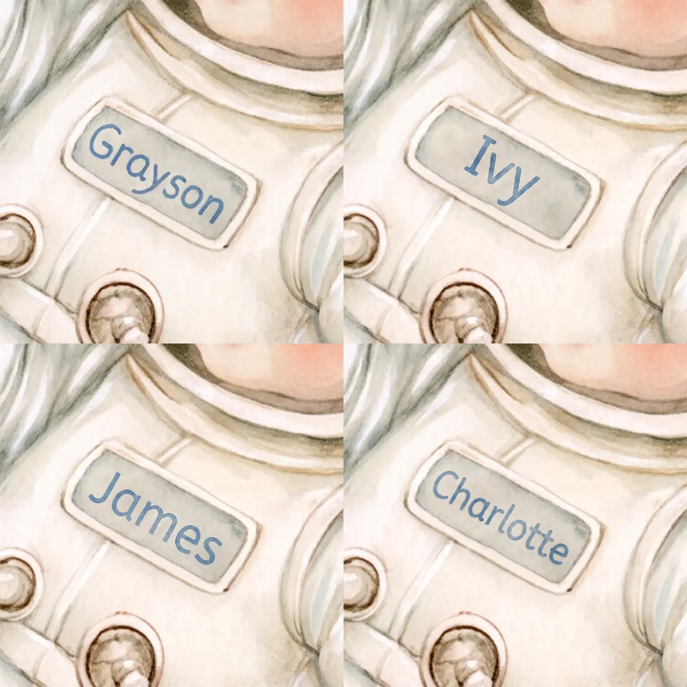 Four name preview examples of Floating Astronaut Space Personalized Wall Mural by Whimsy Tots