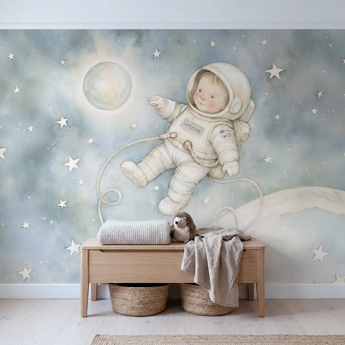 Floating Astronaut Space Personalized Wall Mural in playroom setting by Whimsy Tots
