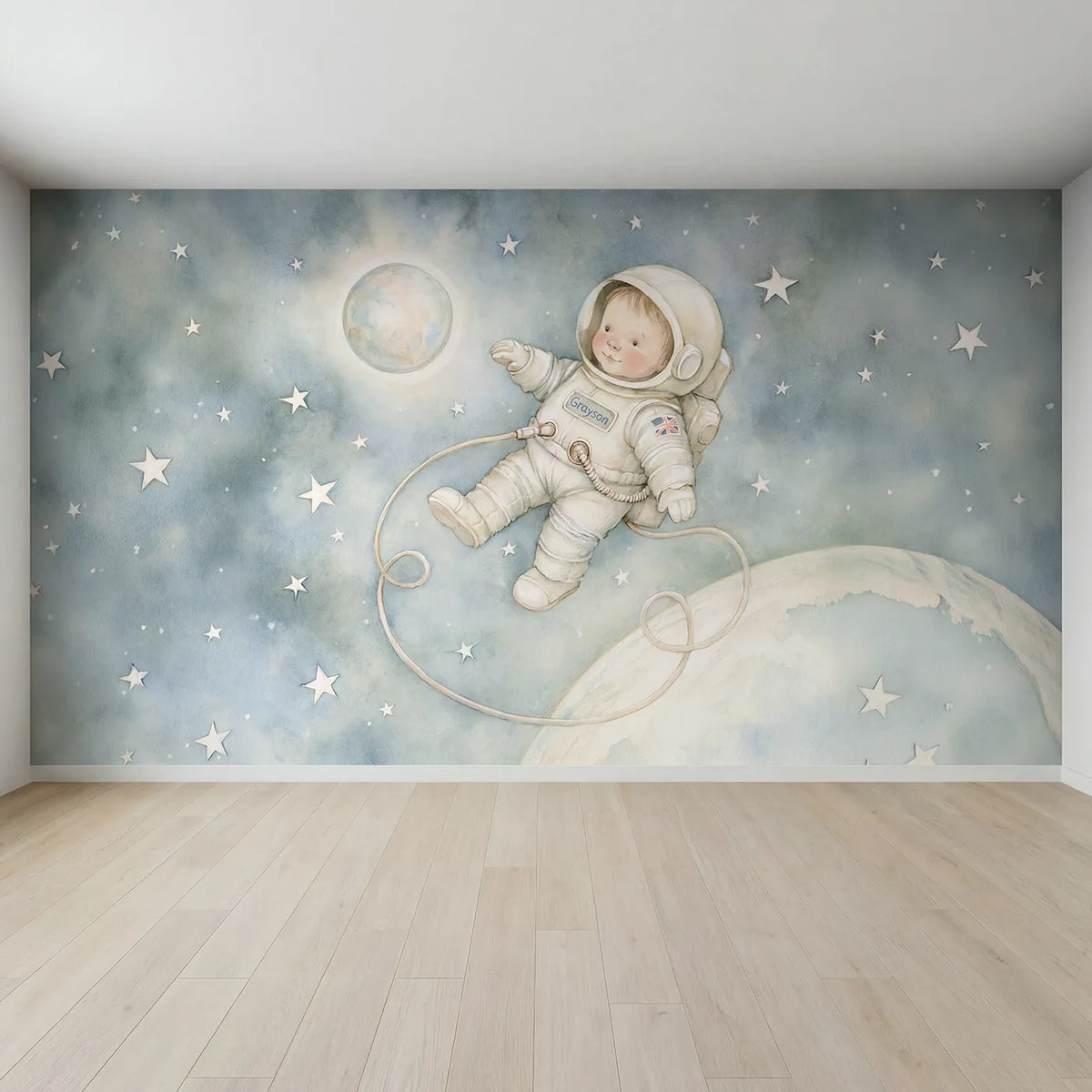 Full view of Floating Astronaut Space Personalized Wall Mural by Whimsy Tots