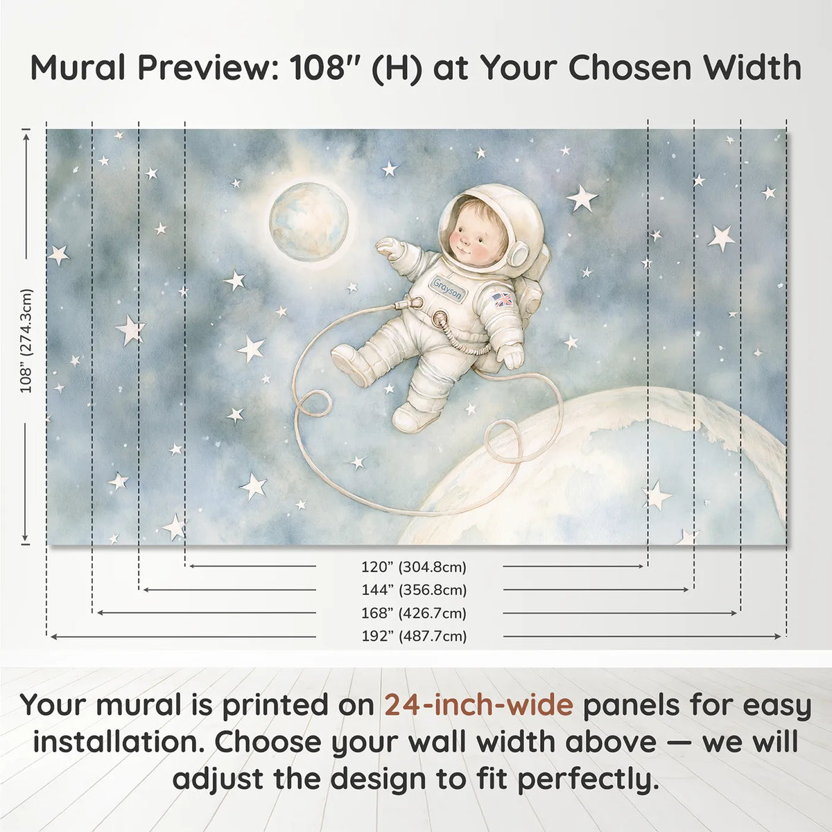 Panel layout and dimensions for Floating Astronaut Space Personalized Wall Mural by Whimsy Tots
