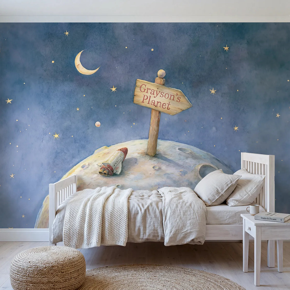Storybook little planet personalized wall mural with name signpost by Whimsy Tots