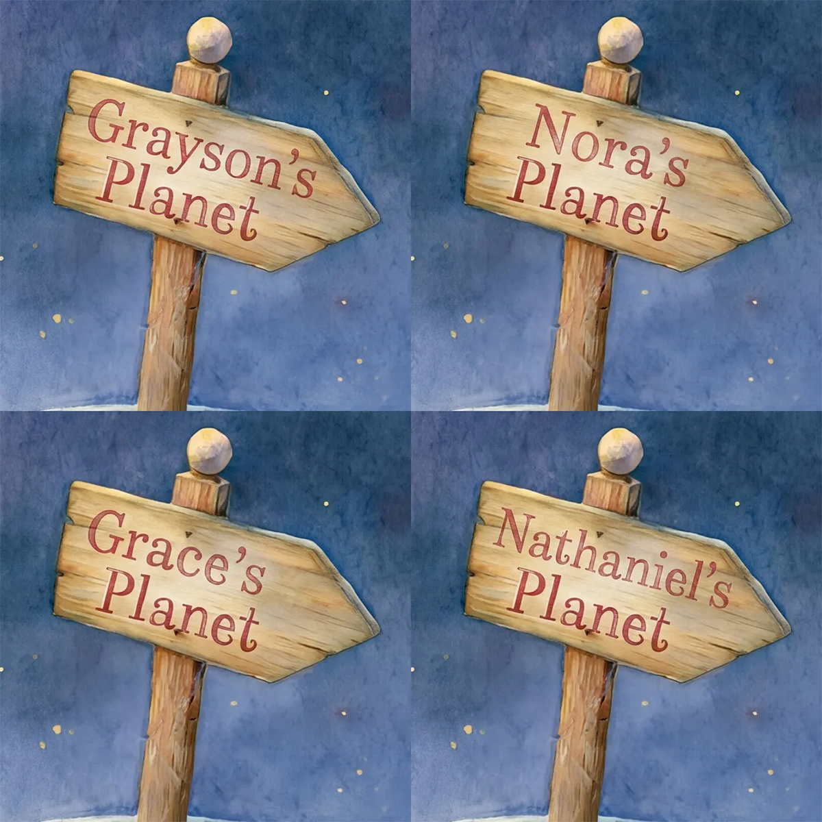 Four name preview examples of Planet Welcome Signpost Personalized Wall Mural by Whimsy Tots