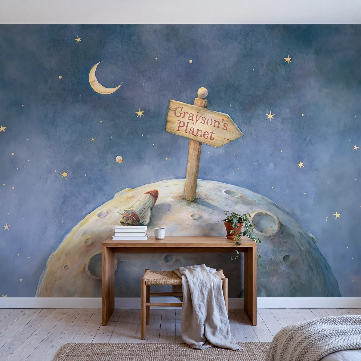 Planet Welcome Signpost Personalized Wall Mural in playroom setting by Whimsy Tots