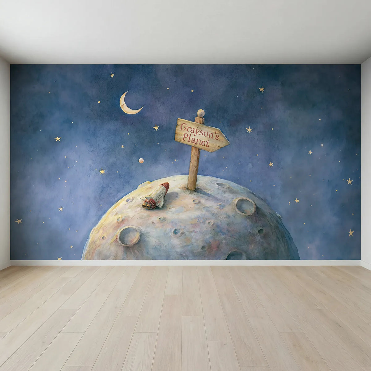 Full view of Planet Welcome Signpost Personalized Wall Mural by Whimsy Tots