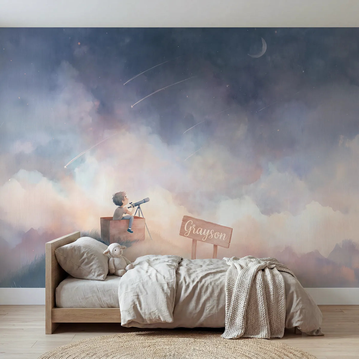 Watercolor stargazer hilltop personalized wall mural with name sign for bedroom by Whimsy Tots