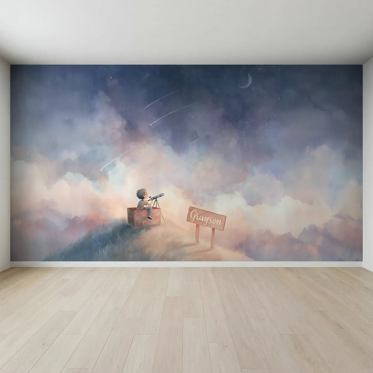 Full view of Shooting Star Wish Personalized Wall Mural by Whimsy Tots