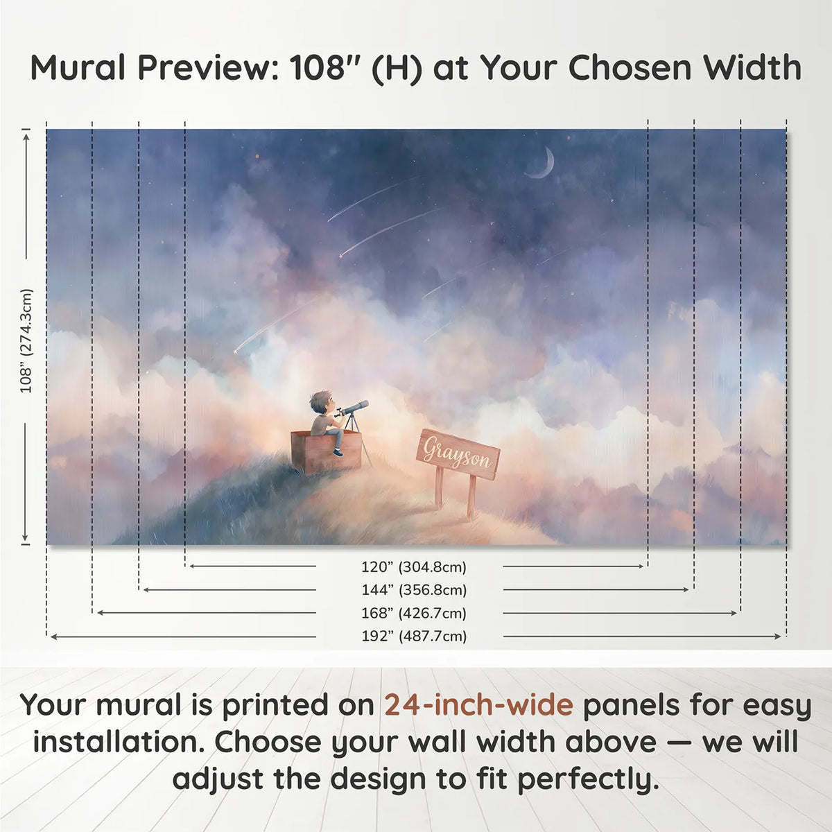 Panel layout and dimensions for Shooting Star Wish Personalized Wall Mural by Whimsy Tots