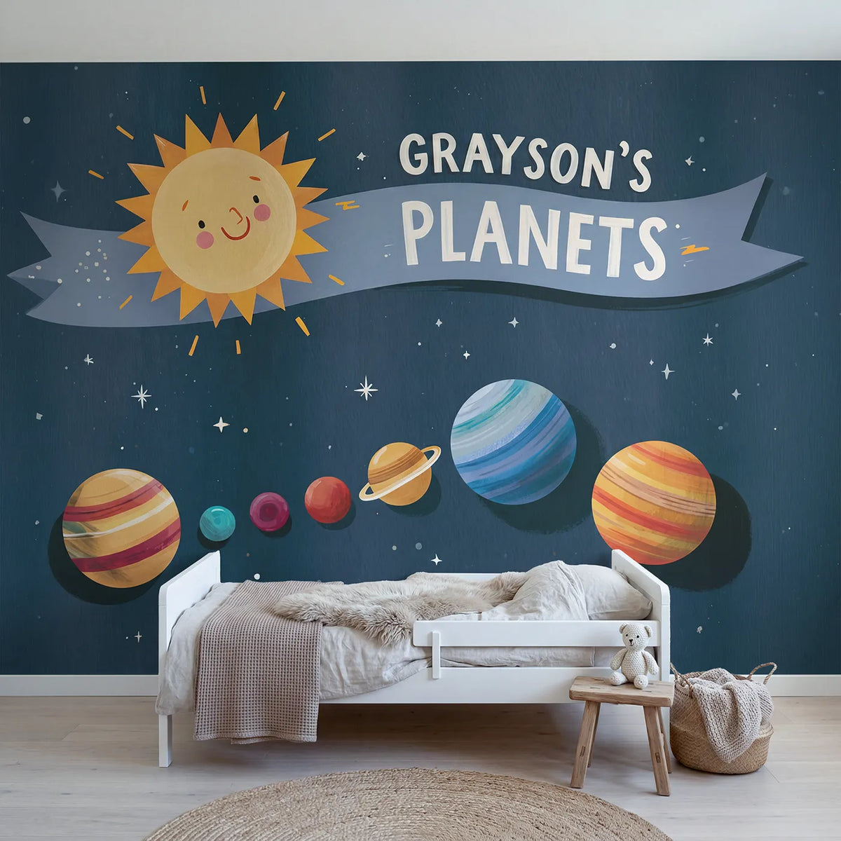 Modern Illustration solar system personalized wall mural with name banner by Whimsy Tots