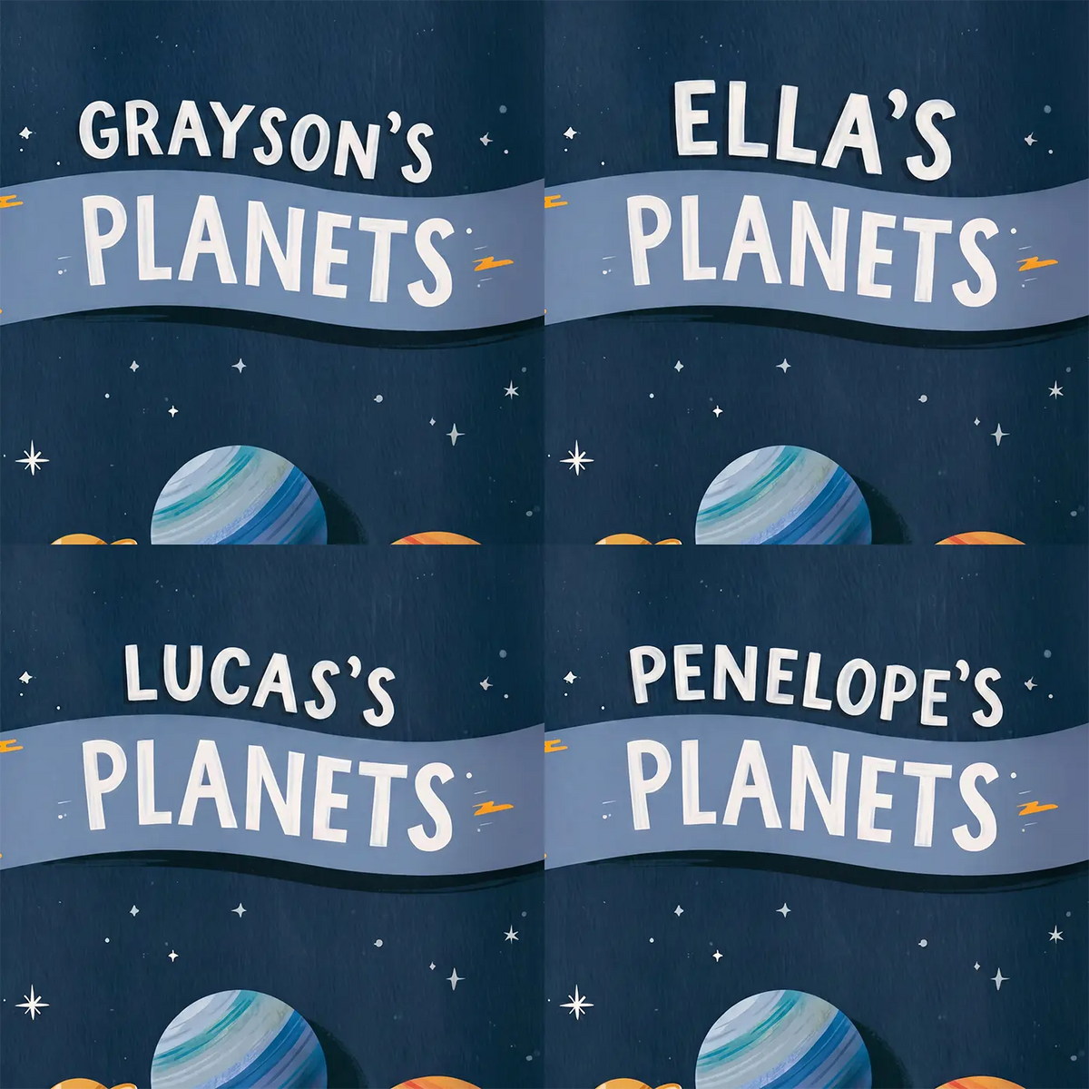 Four name preview examples of Solar System Planets Personalized Wall Mural by Whimsy Tots