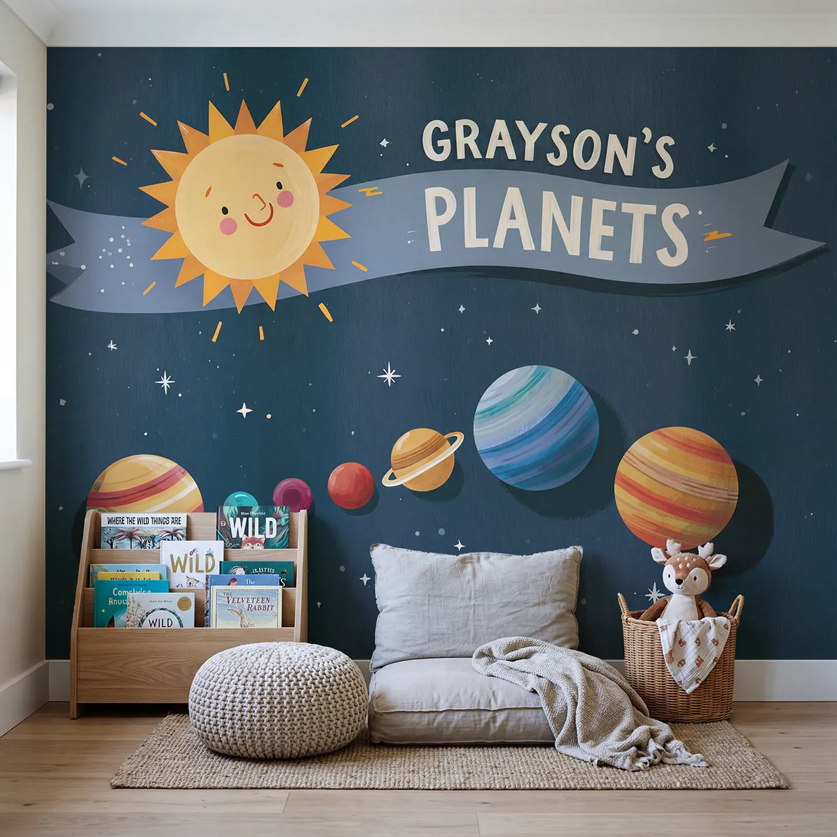 Solar System Planets Personalized Wall Mural in playroom setting by Whimsy Tots
