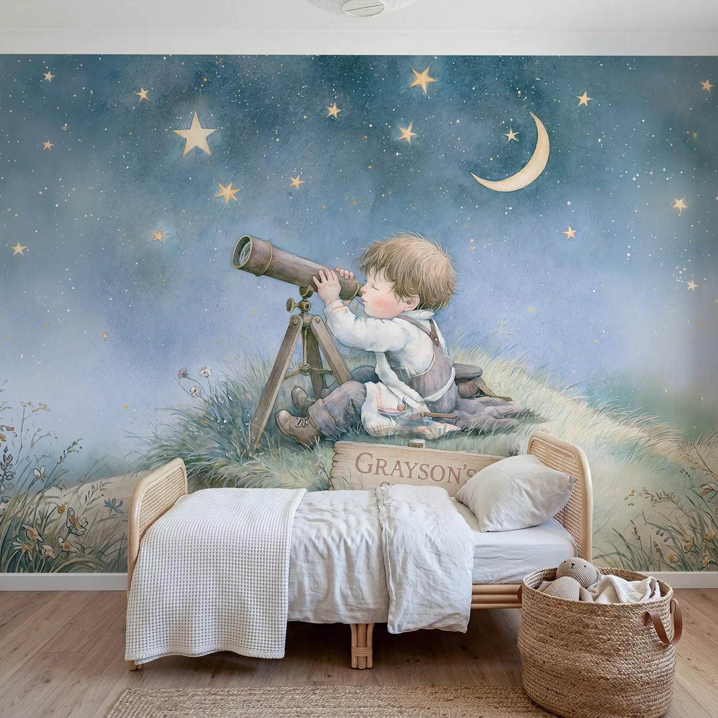 Storybook astronomer hill personalized wall mural with name sign for kids room by Whimsy Tots