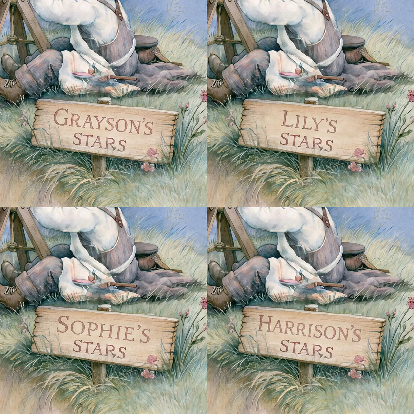 Four name preview examples of Telescope Stargazing Hill Personalized Wall Mural by Whimsy Tots