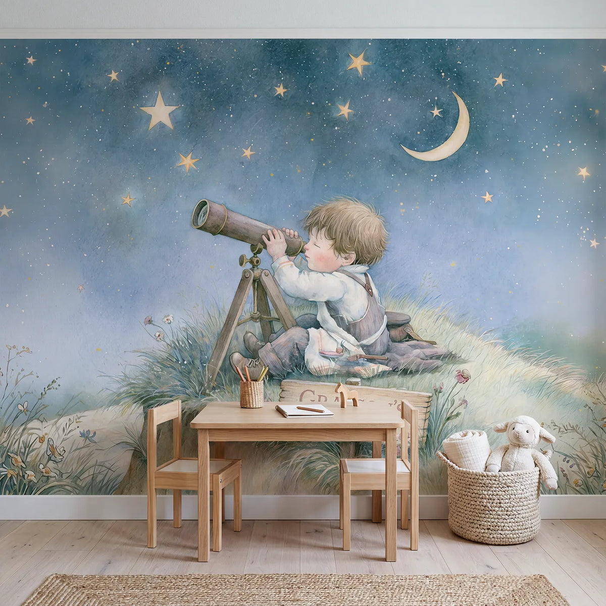 Telescope Stargazing Hill Personalized Wall Mural in playroom setting by Whimsy Tots