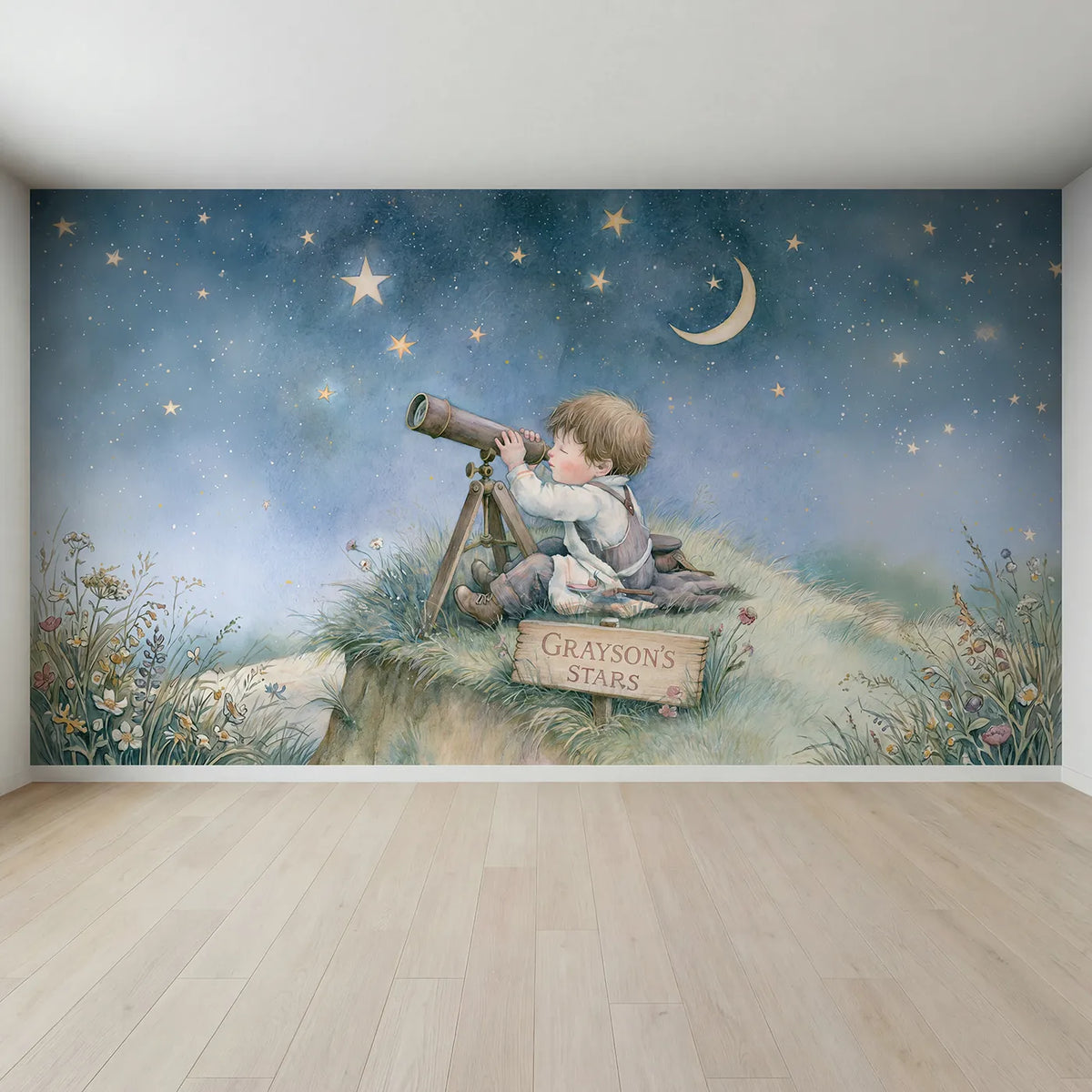 Full view of Telescope Stargazing Hill Personalized Wall Mural by Whimsy Tots