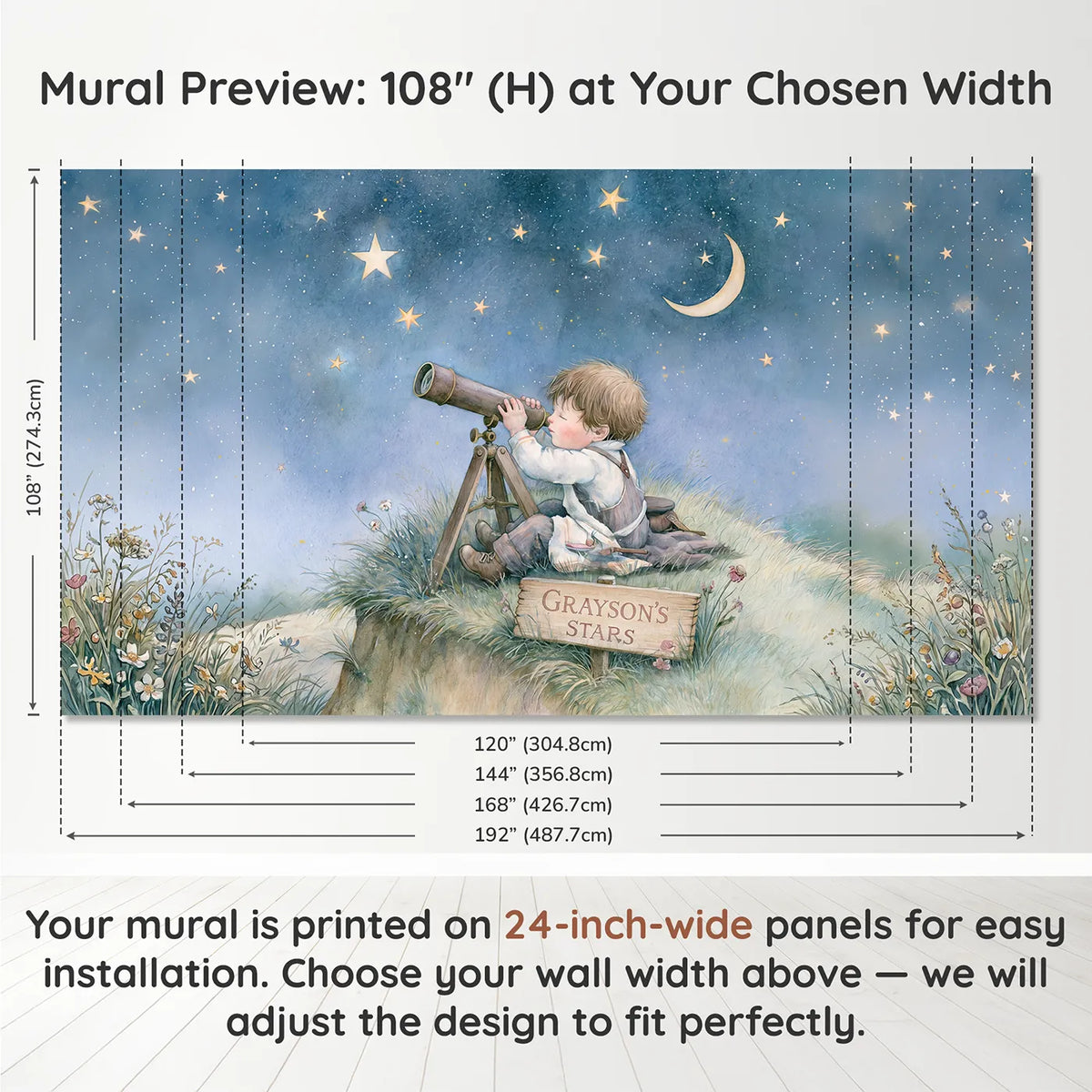 Panel layout and dimensions for Telescope Stargazing Hill Personalized Wall Mural by Whimsy Tots