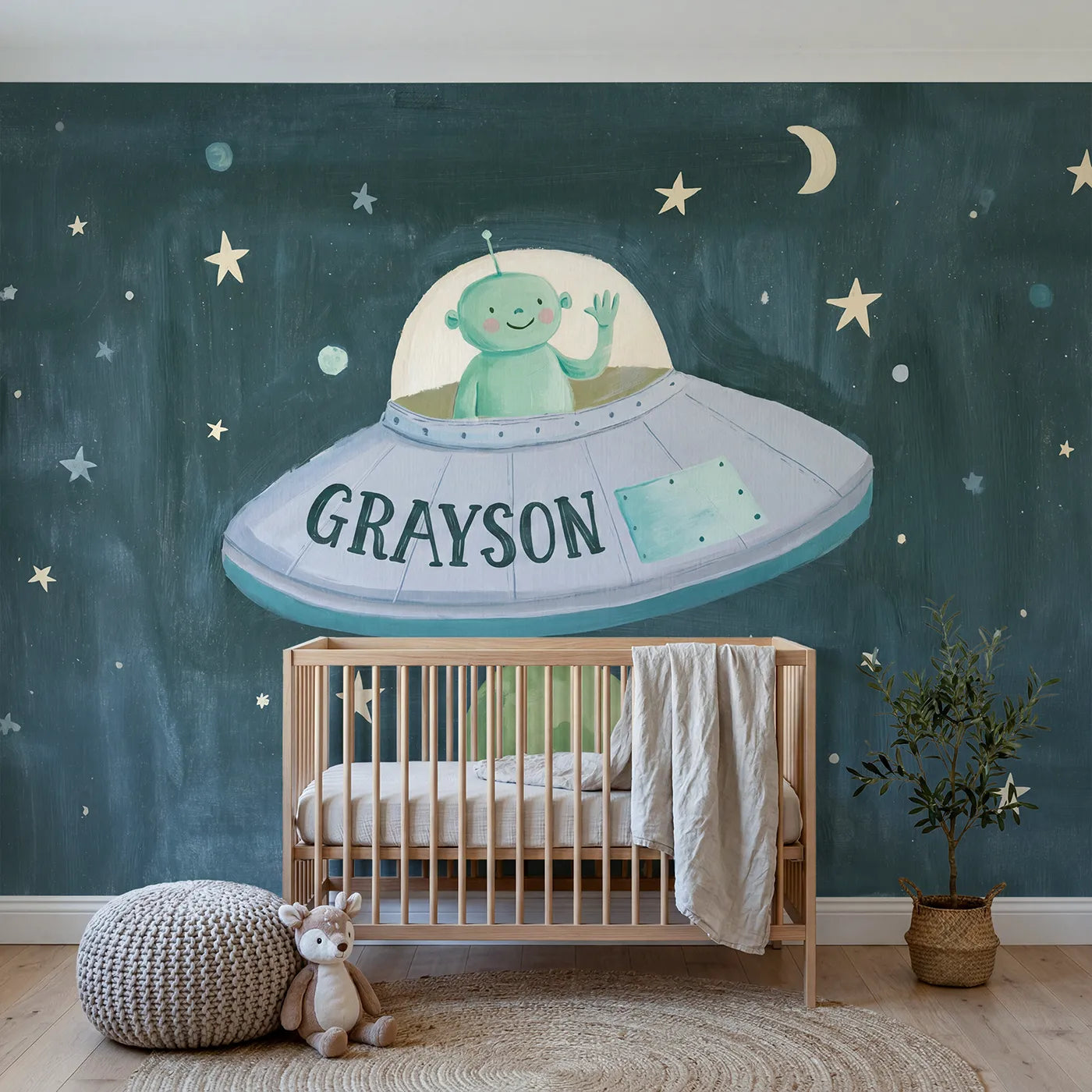 Modern Illustration flying saucer personalized wall mural with hull name for playroom by Whimsy Tots