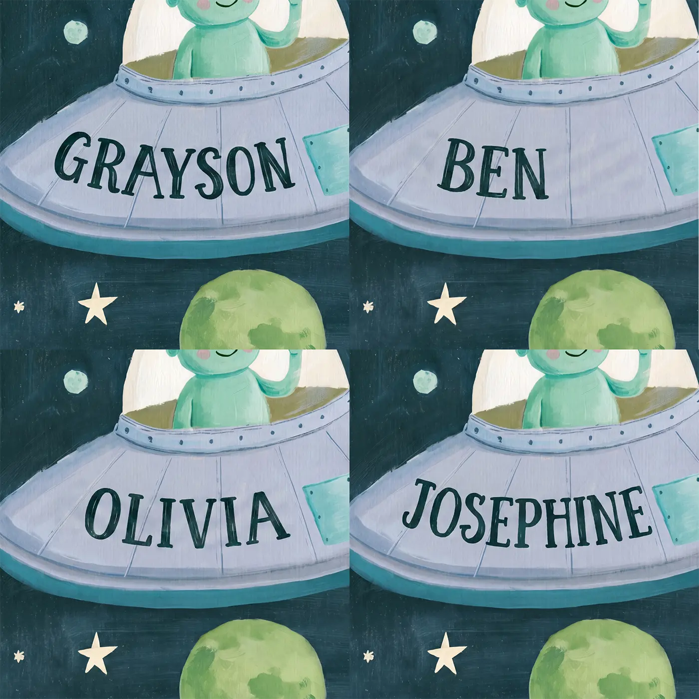 Four name preview examples of Friendly Flying Saucer Personalized Wall Mural by Whimsy Tots