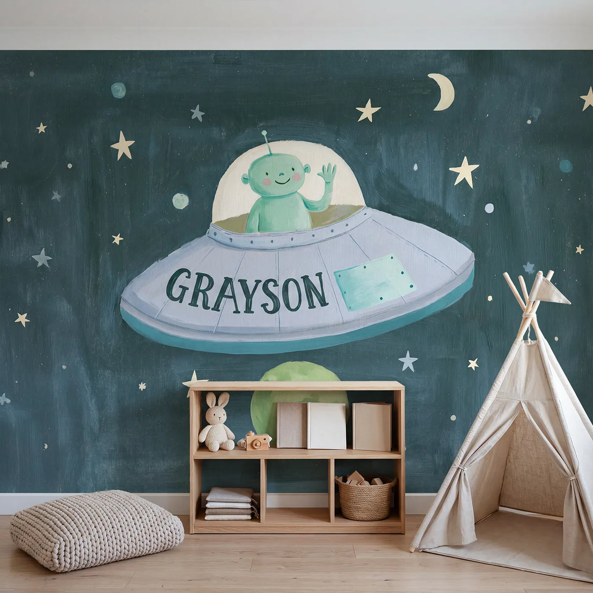 Friendly Flying Saucer Personalized Wall Mural in playroom setting by Whimsy Tots