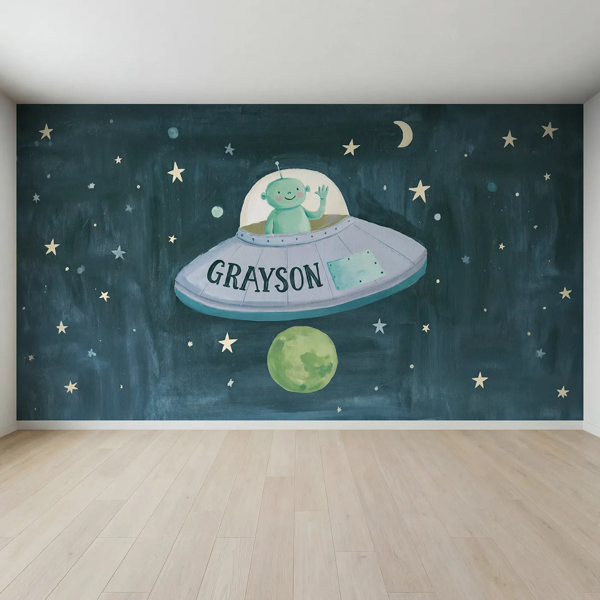 Full view of Friendly Flying Saucer Personalized Wall Mural by Whimsy Tots