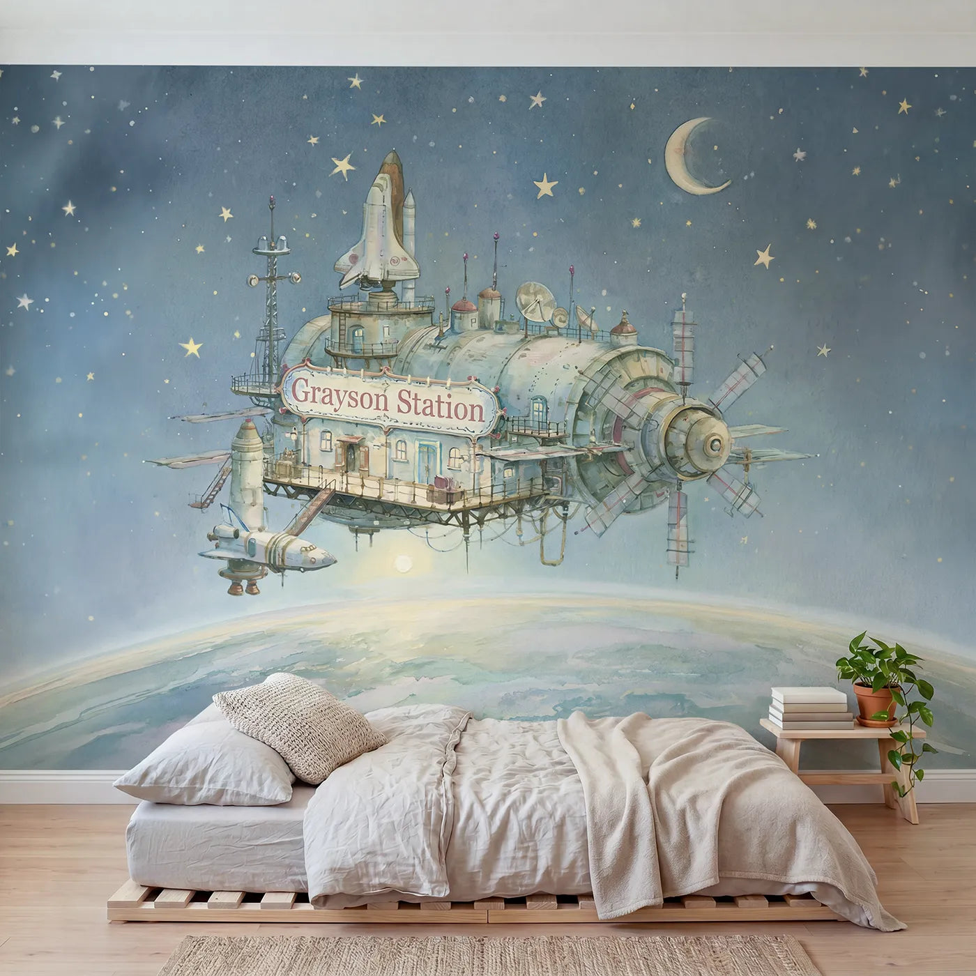 Storybook space station personalized wall mural with name sign for big-kid bedroom by Whimsy Tots