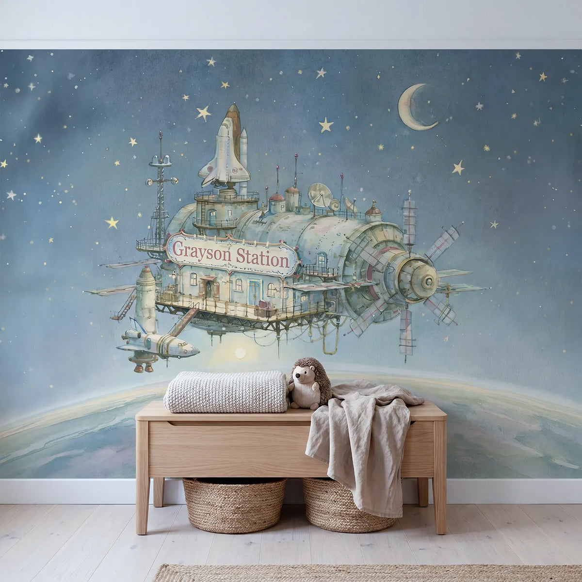 Space Station Orbit Personalized Wall Mural in playroom setting by Whimsy Tots