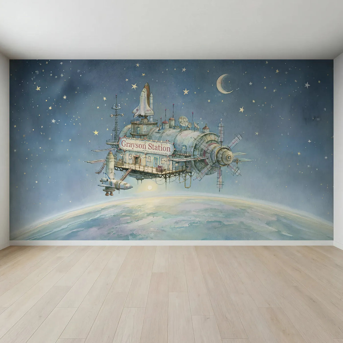 Full view of Space Station Orbit Personalized Wall Mural by Whimsy Tots