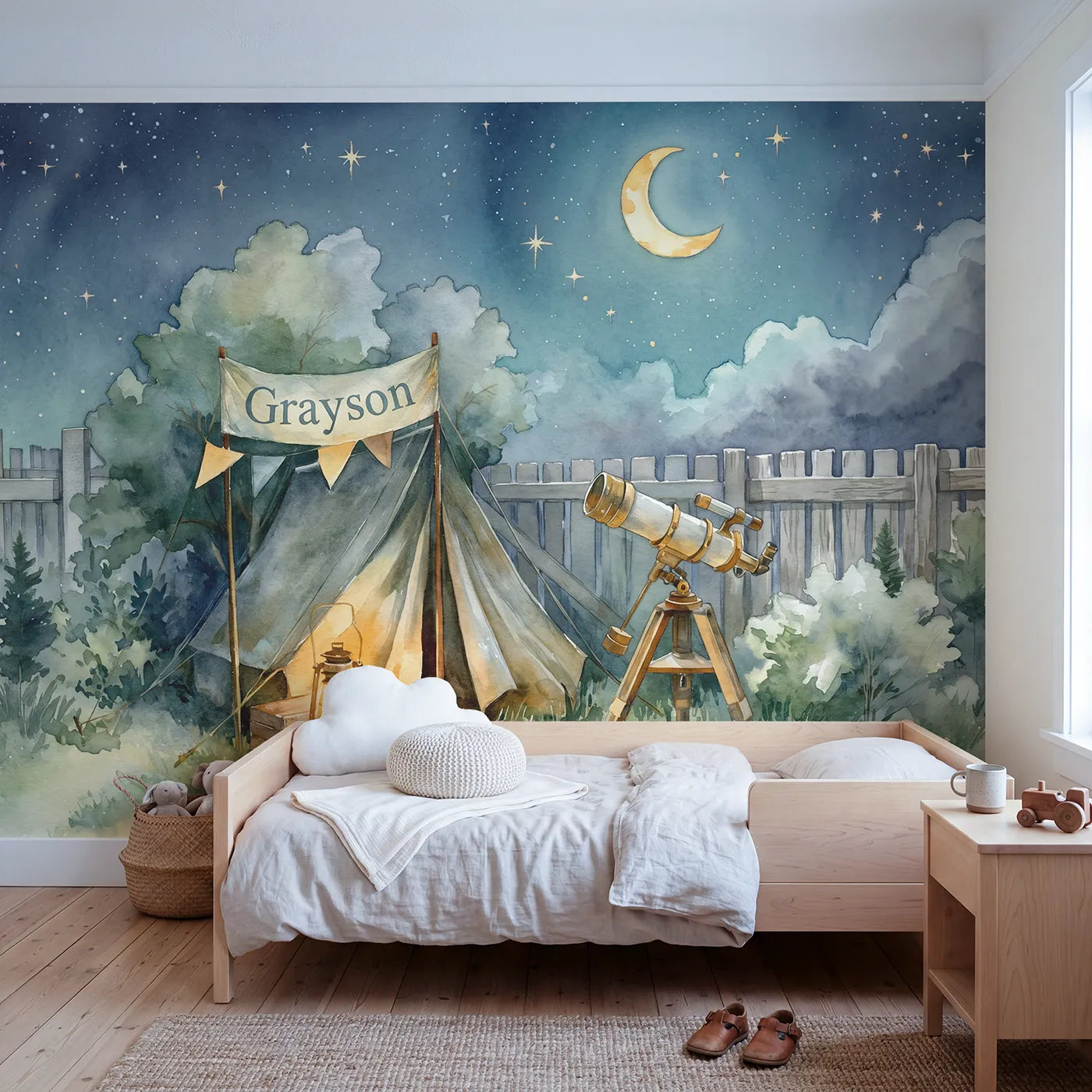 Watercolor backyard campout personalized wall mural with name pennant by Whimsy Tots