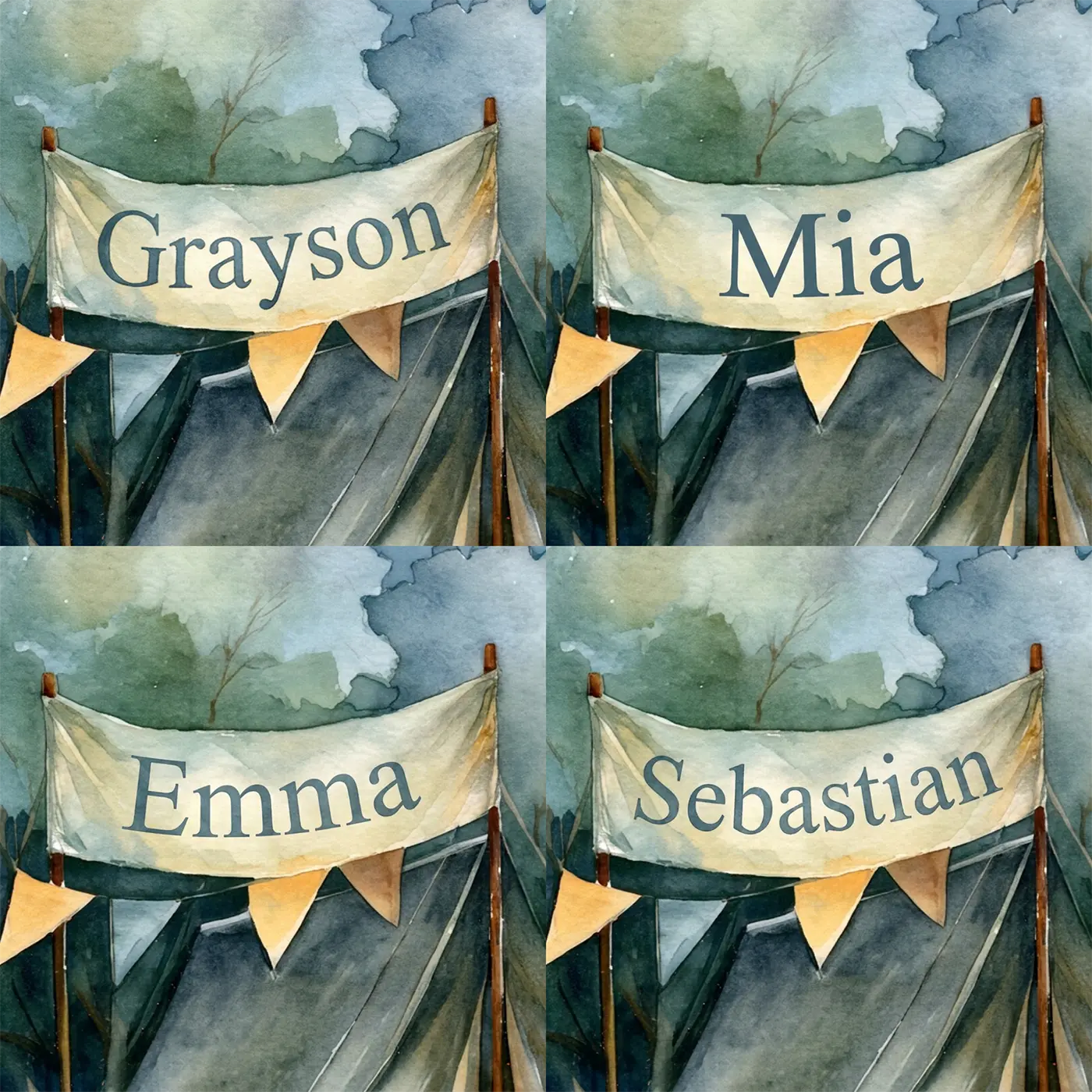Four name preview examples of Backyard Stargazing Campout Personalized Wall Mural by Whimsy Tots