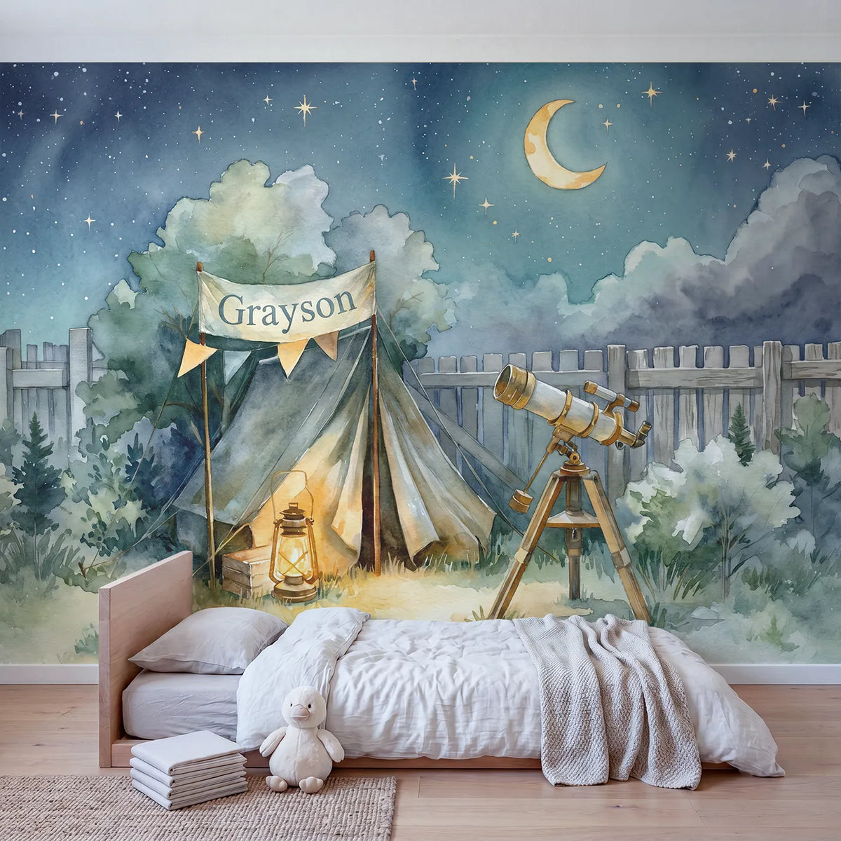 Backyard Stargazing Campout Personalized Wall Mural in playroom setting by Whimsy Tots
