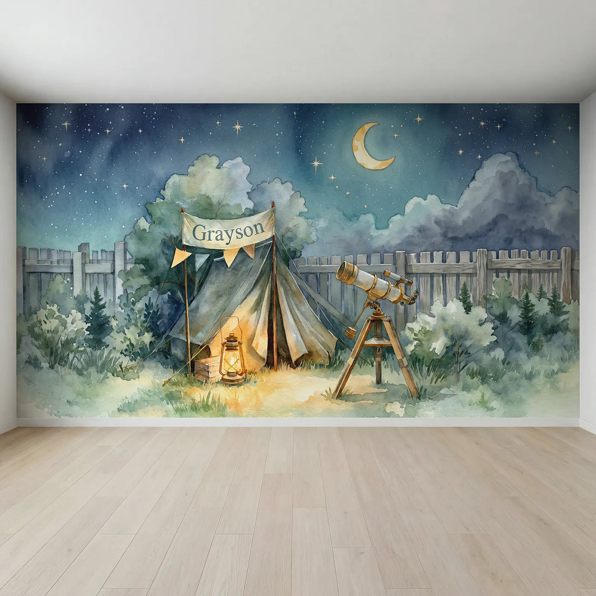 Full view of Backyard Stargazing Campout Personalized Wall Mural by Whimsy Tots