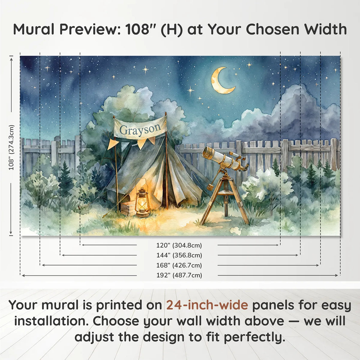 Panel layout and dimensions for Backyard Stargazing Campout Personalized Wall Mural by Whimsy Tots