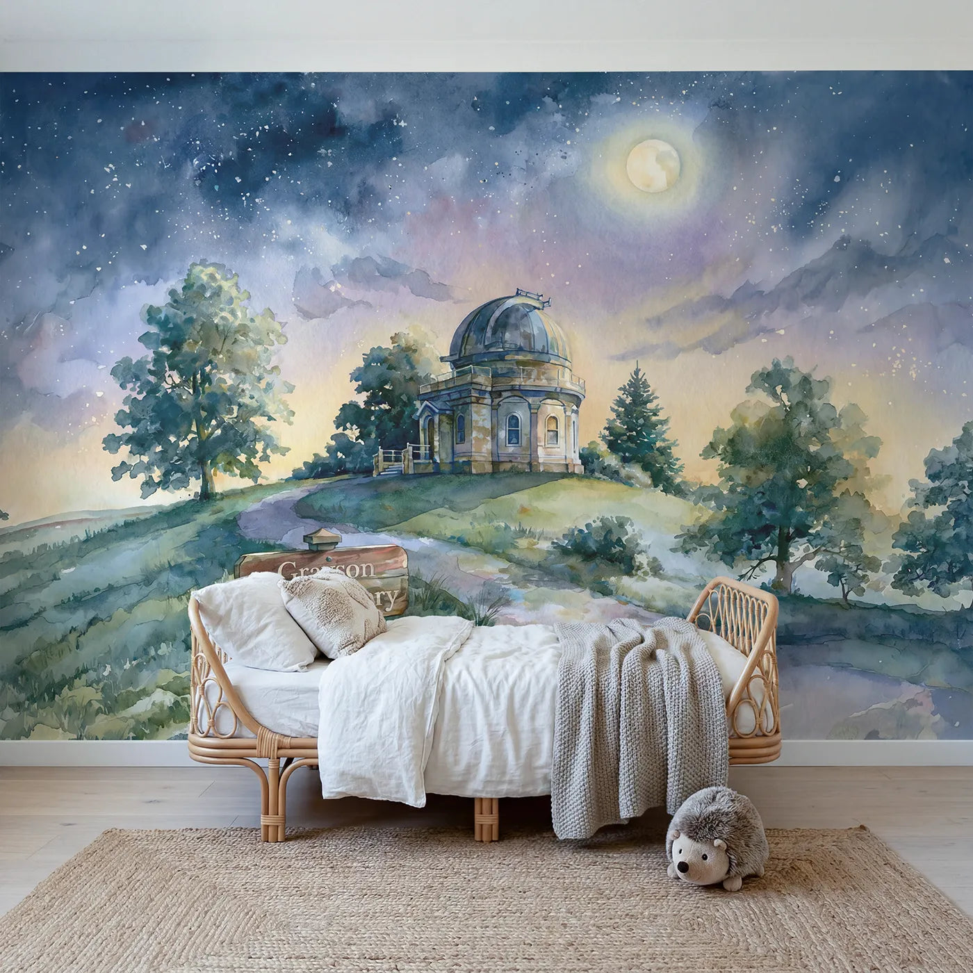 Watercolor observatory personalized wall mural with path name sign for bedroom by Whimsy Tots