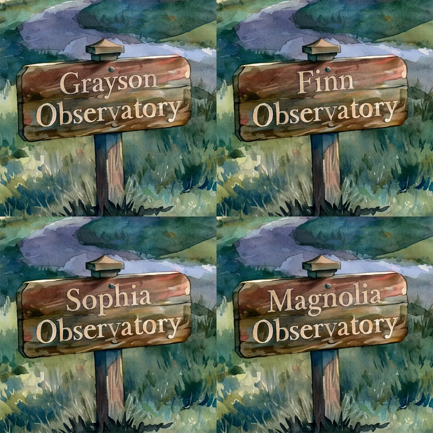 Four name preview examples of Hilltop Observatory Night Personalized Wall Mural by Whimsy Tots