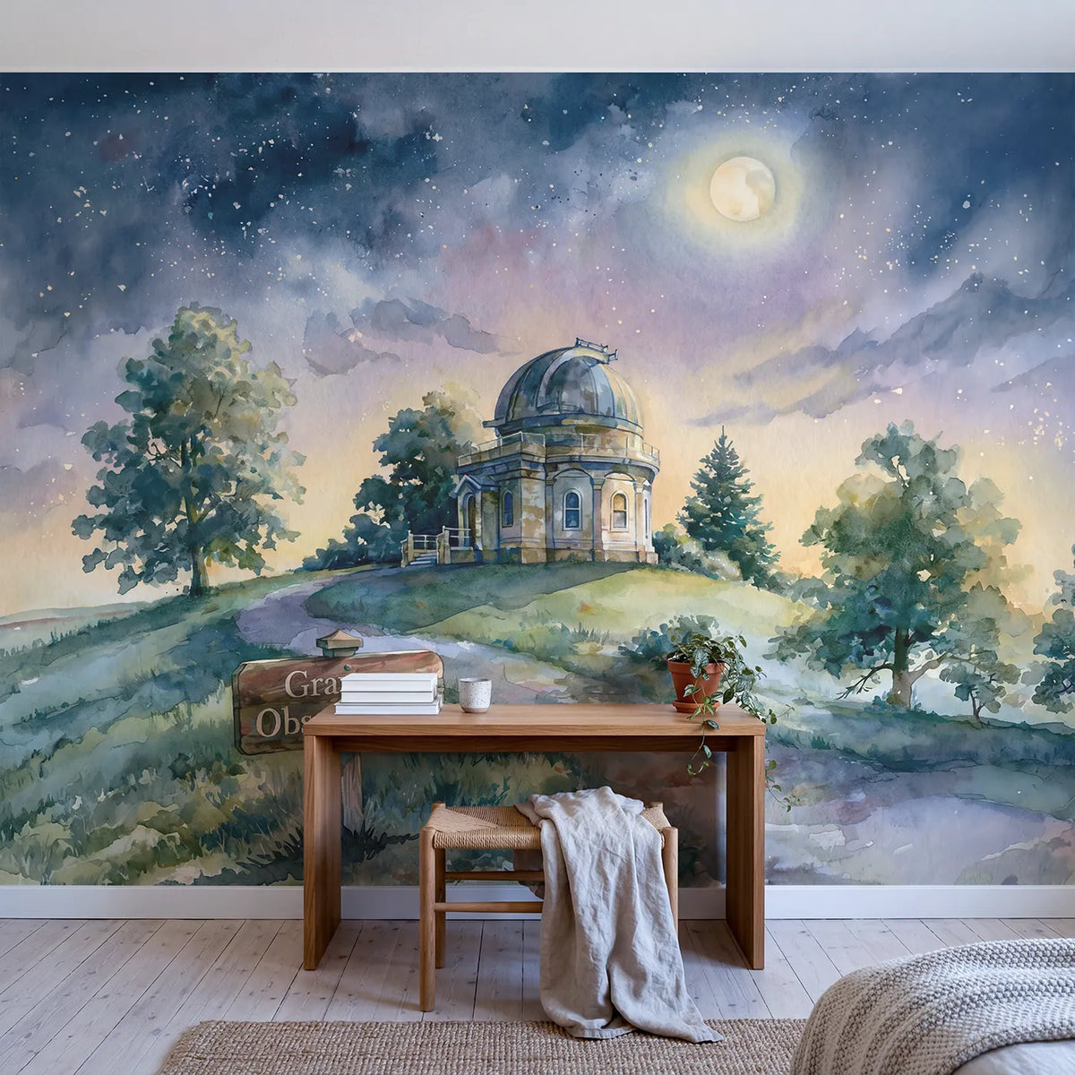 Hilltop Observatory Night Personalized Wall Mural in playroom setting by Whimsy Tots