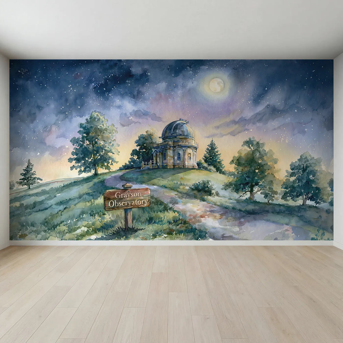 Full view of Hilltop Observatory Night Personalized Wall Mural by Whimsy Tots