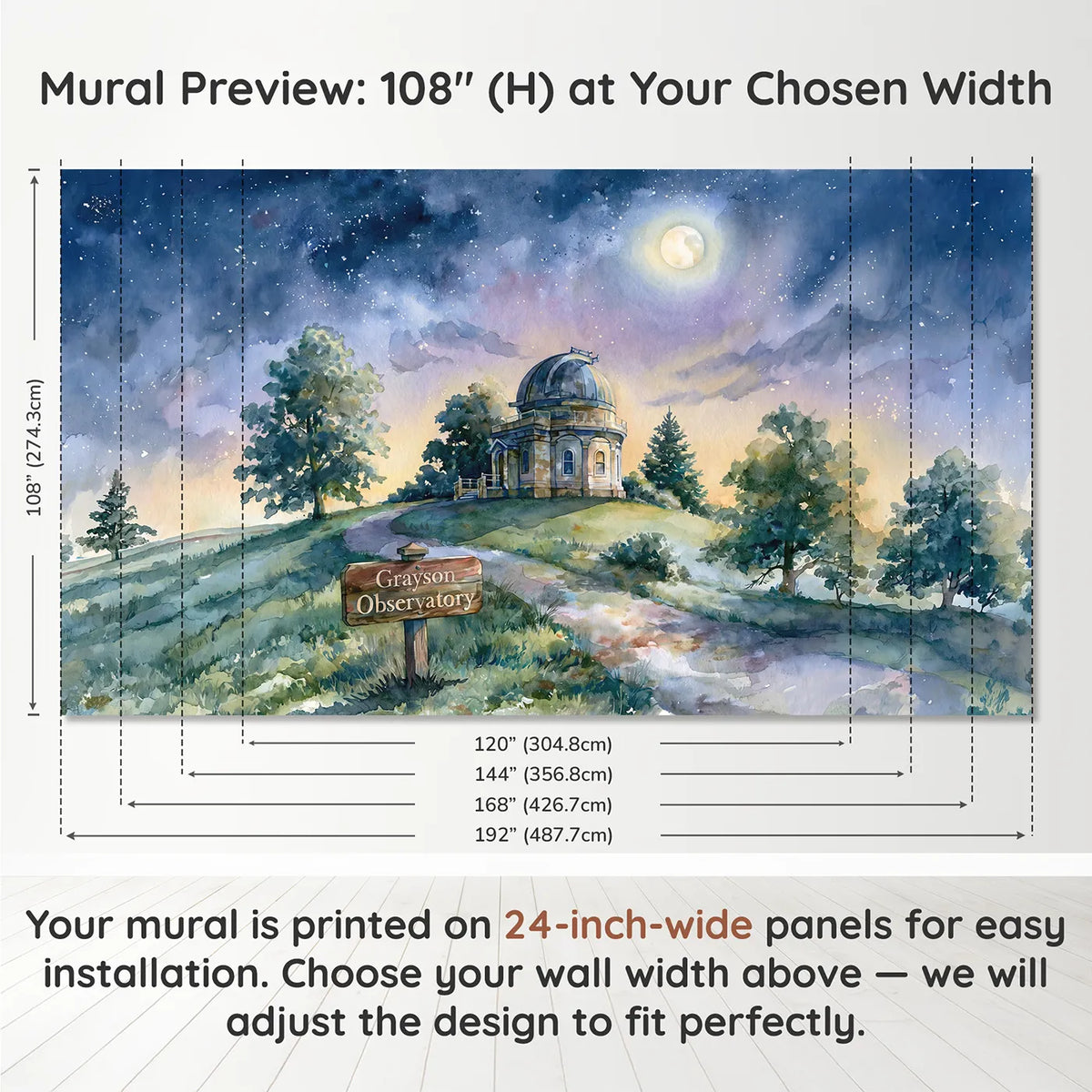 Panel layout and dimensions for Hilltop Observatory Night Personalized Wall Mural by Whimsy Tots