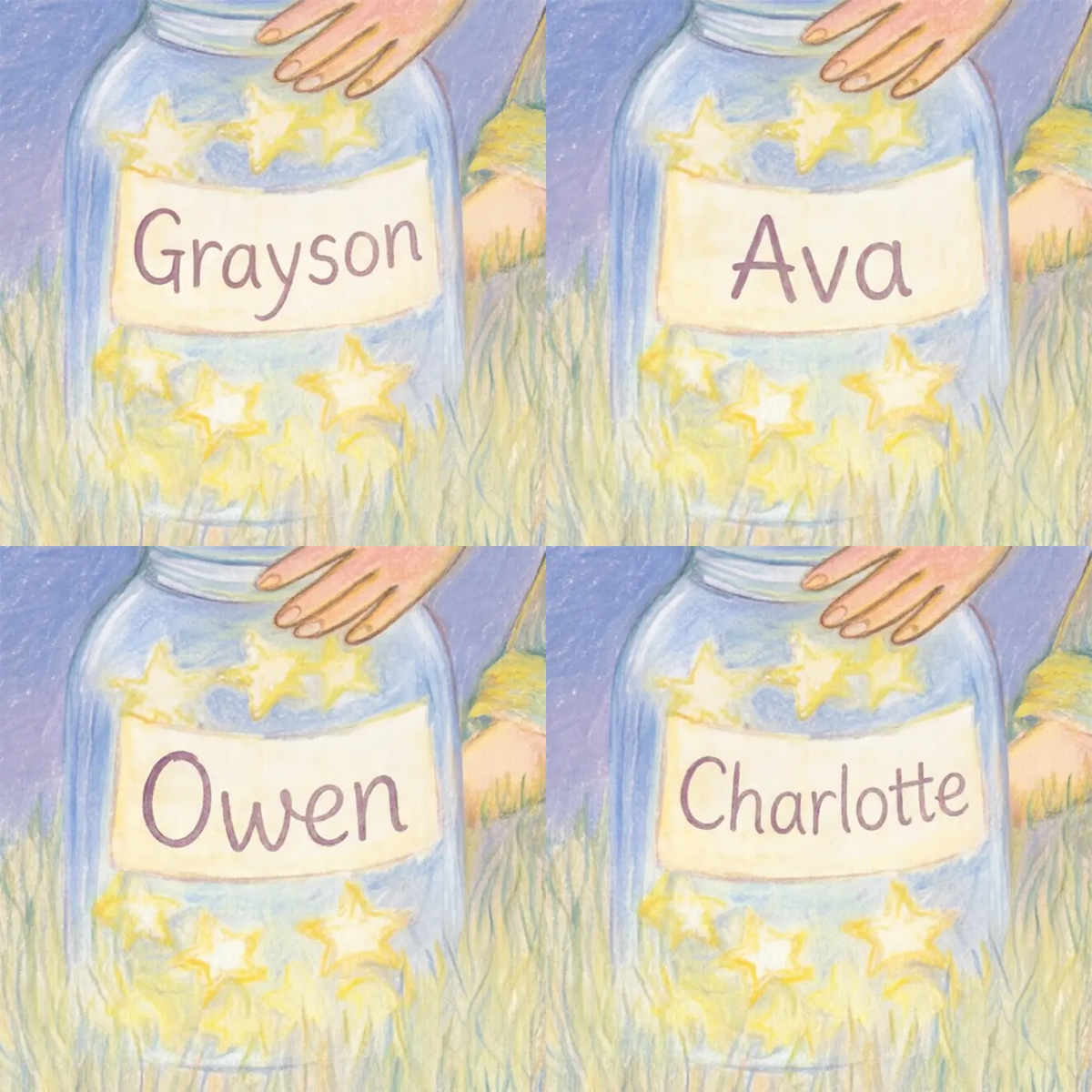 Four name preview examples of Star Jar Collector Personalized Wall Mural by Whimsy Tots