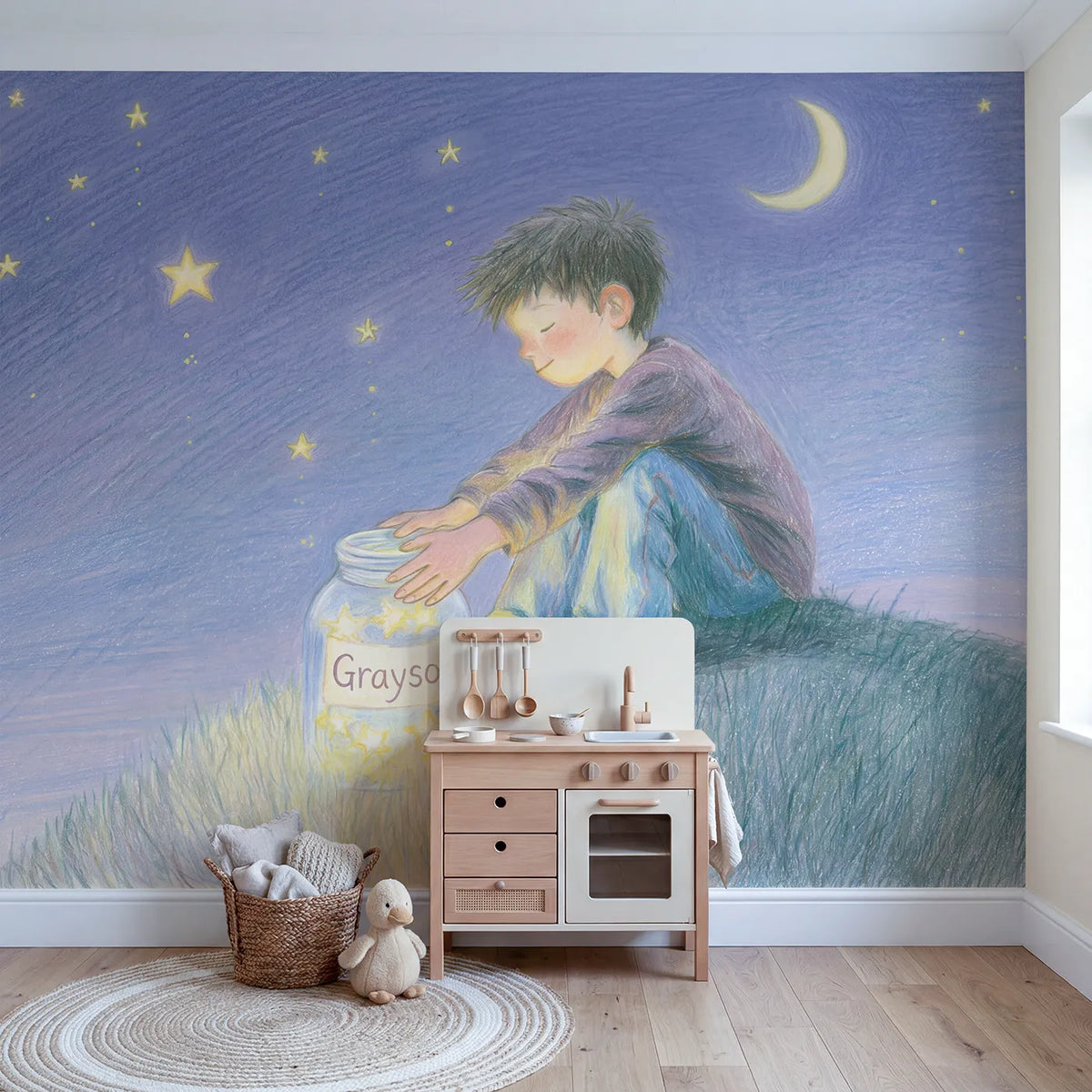 Star Jar Collector Personalized Wall Mural in playroom setting by Whimsy Tots