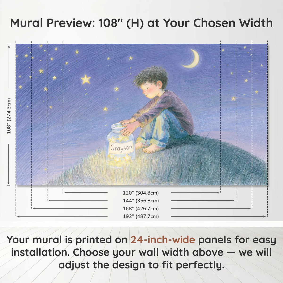 Panel layout and dimensions for Star Jar Collector Personalized Wall Mural by Whimsy Tots