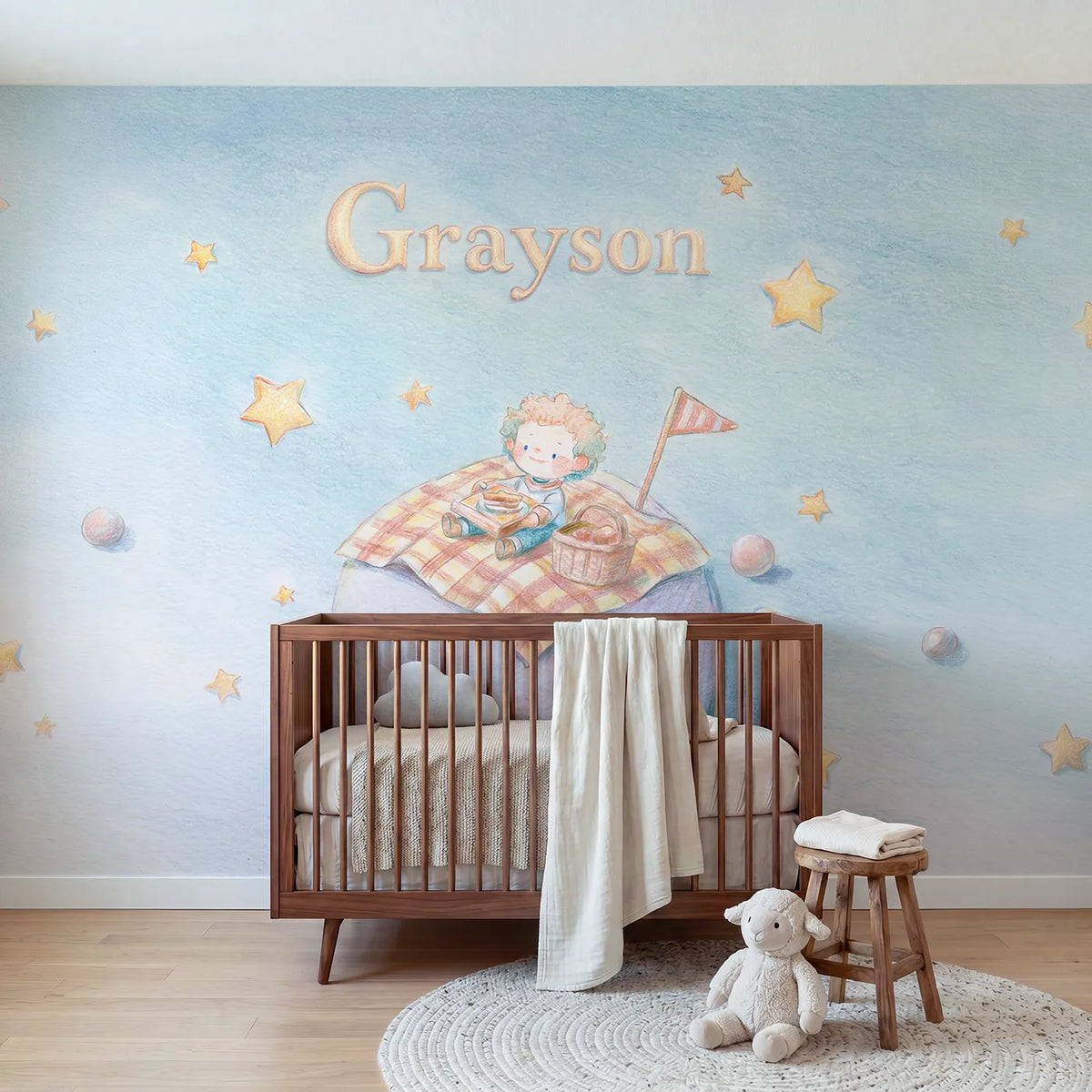 Colored pencil planet picnic personalized wall mural with summit name flag by Whimsy Tots