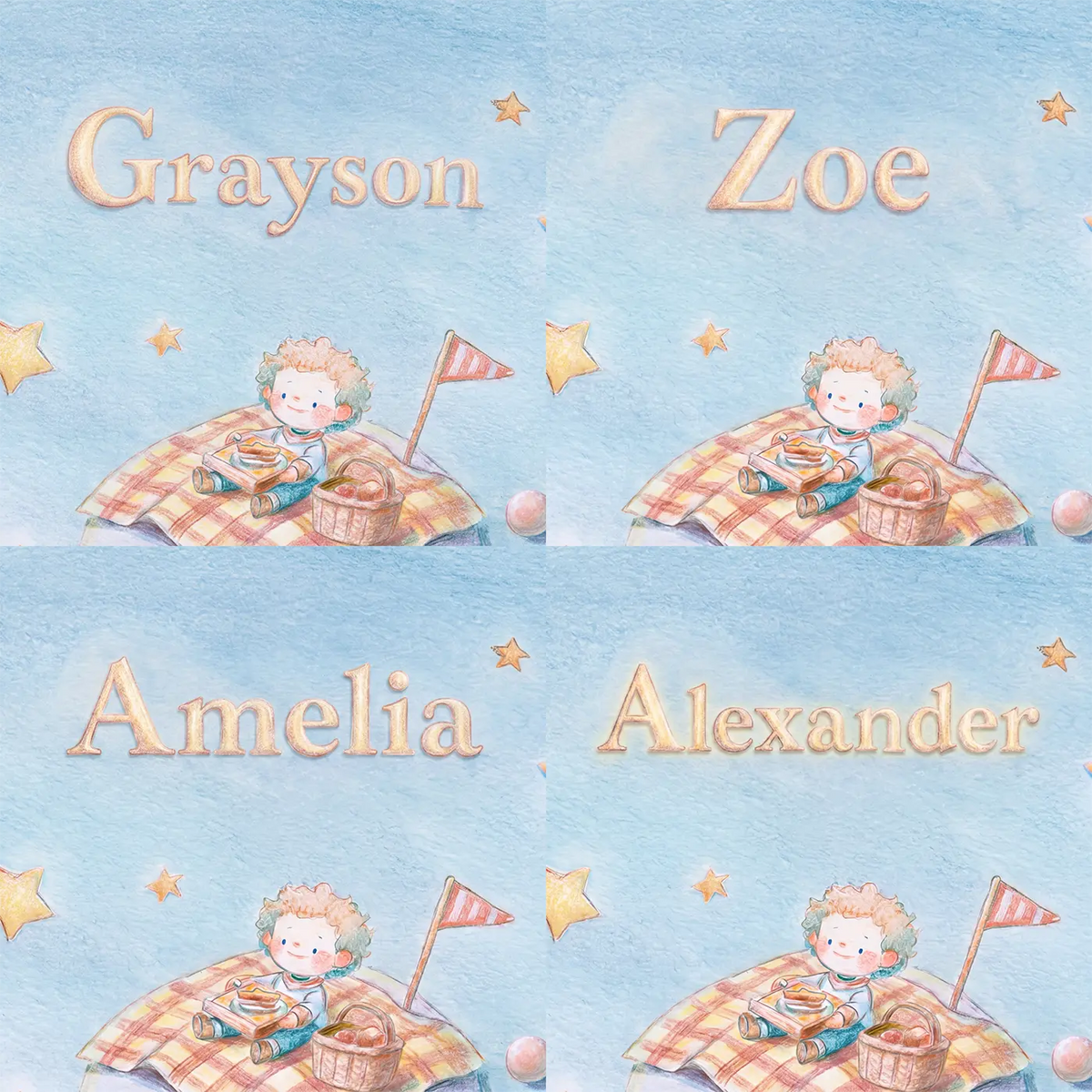 Four name preview examples of Planet Picnic Adventure Personalized Wall Mural by Whimsy Tots