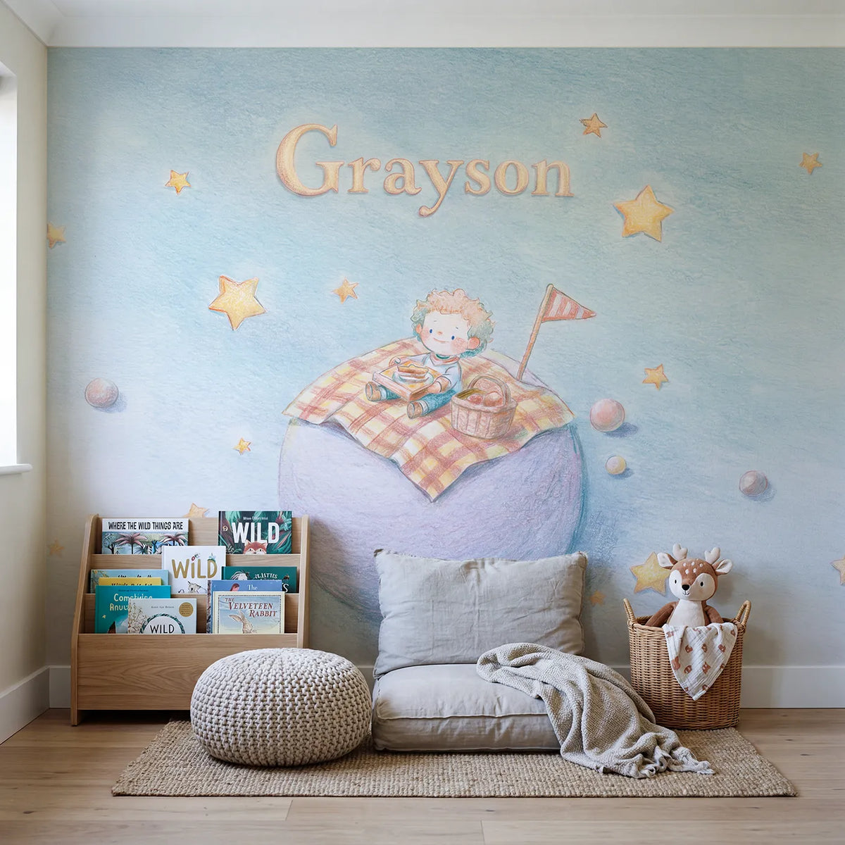 Planet Picnic Adventure Personalized Wall Mural in playroom setting by Whimsy Tots