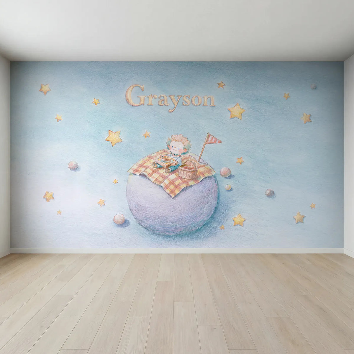 Full view of Planet Picnic Adventure Personalized Wall Mural by Whimsy Tots